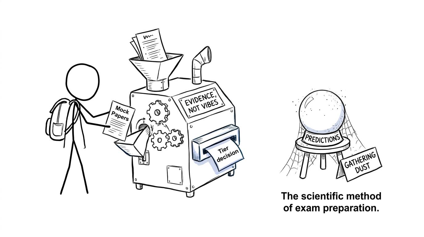 Mock papers entering an evidence machine while a crystal ball gathers dust