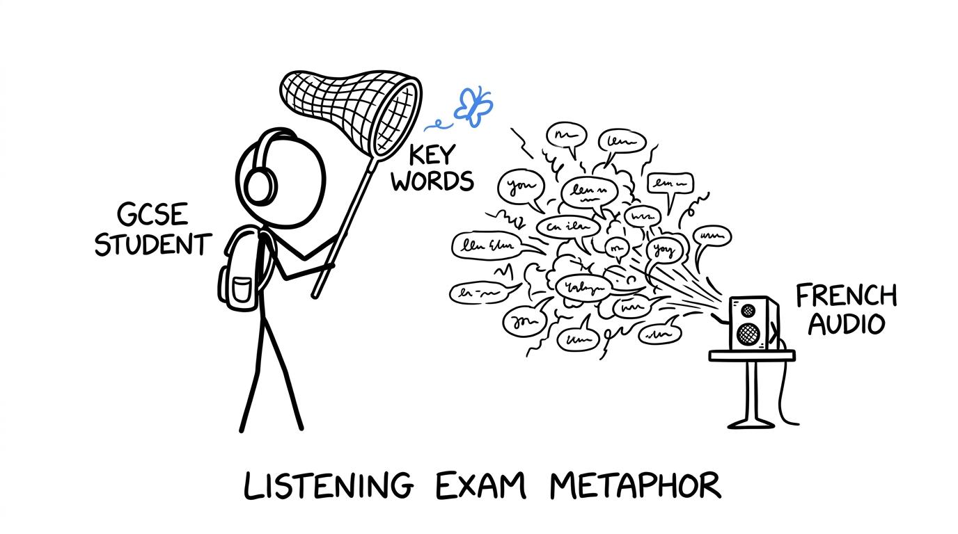 A student trying to catch key words from a fast French listening recording
