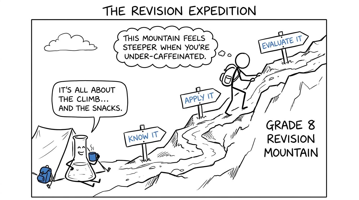 A student climbs a revision mountain using know, apply and evaluate signposts