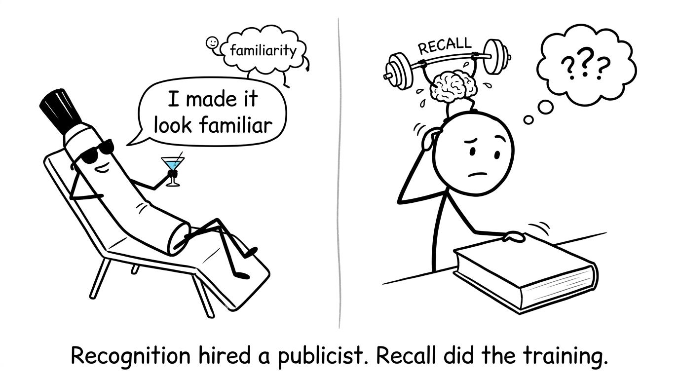 Recognition boasts while recall quietly does the difficult training