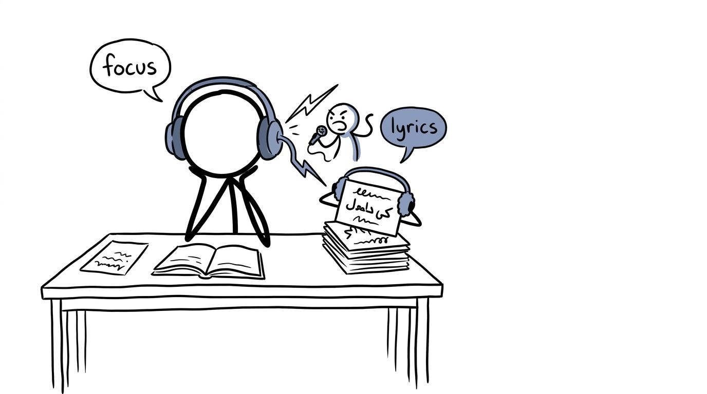 A singer emerging from headphones distracts Arabic vocabulary flashcards