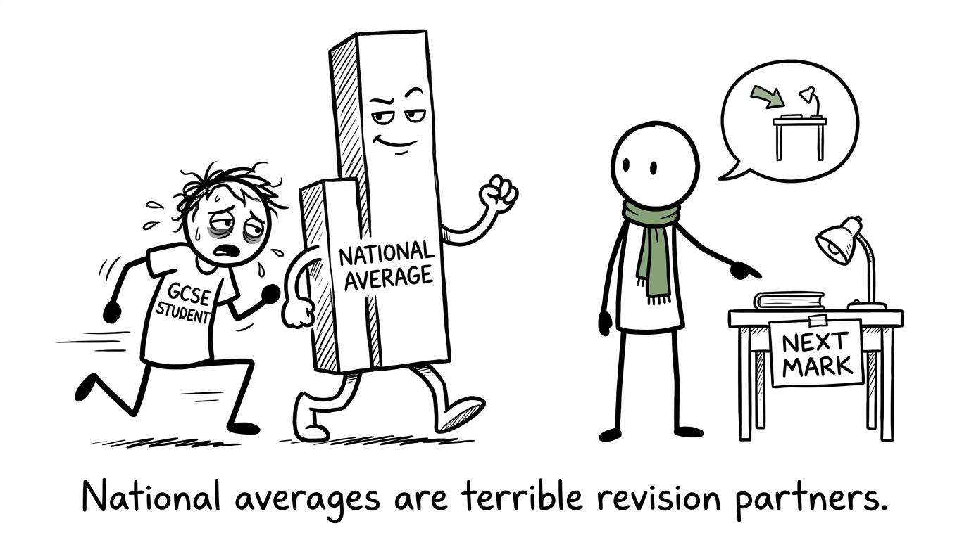 A student races a national bar chart while a friend points to the next mark