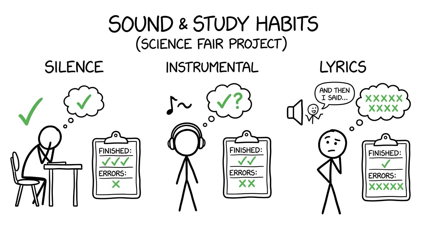 A student compares silence, instrumental music and lyrical music