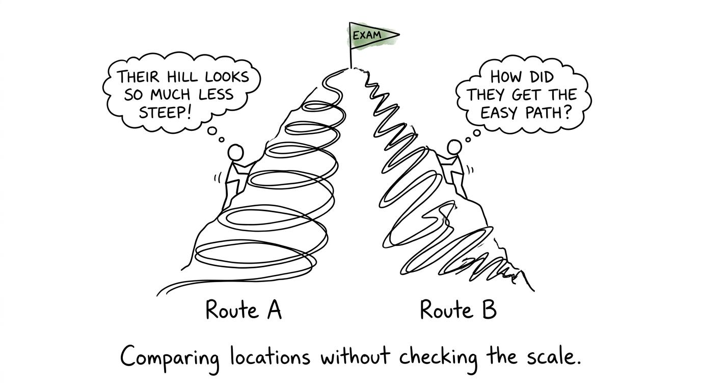 Two students compare positions while following entirely different routes