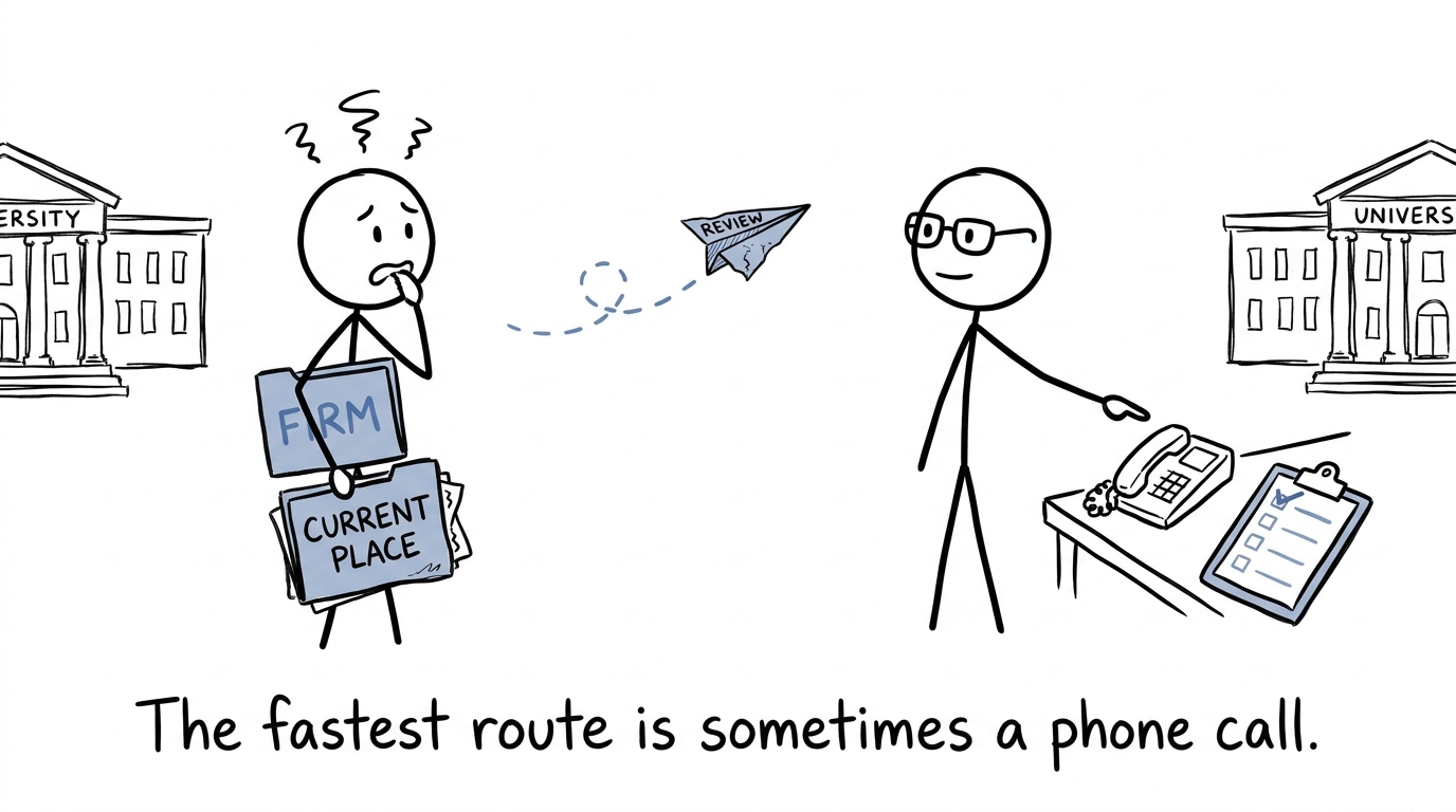 A student balancing university choices while a teacher points towards a phone and checklist