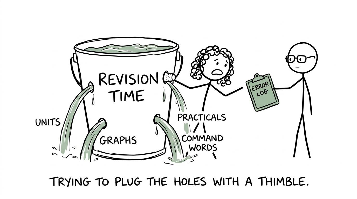 A leaking revision-time bucket being repaired with an error log