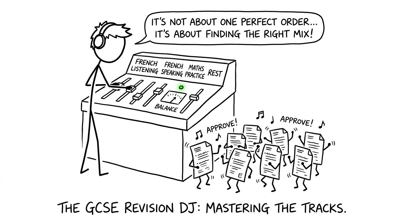 A student mixes French, maths and rest at a revision DJ desk