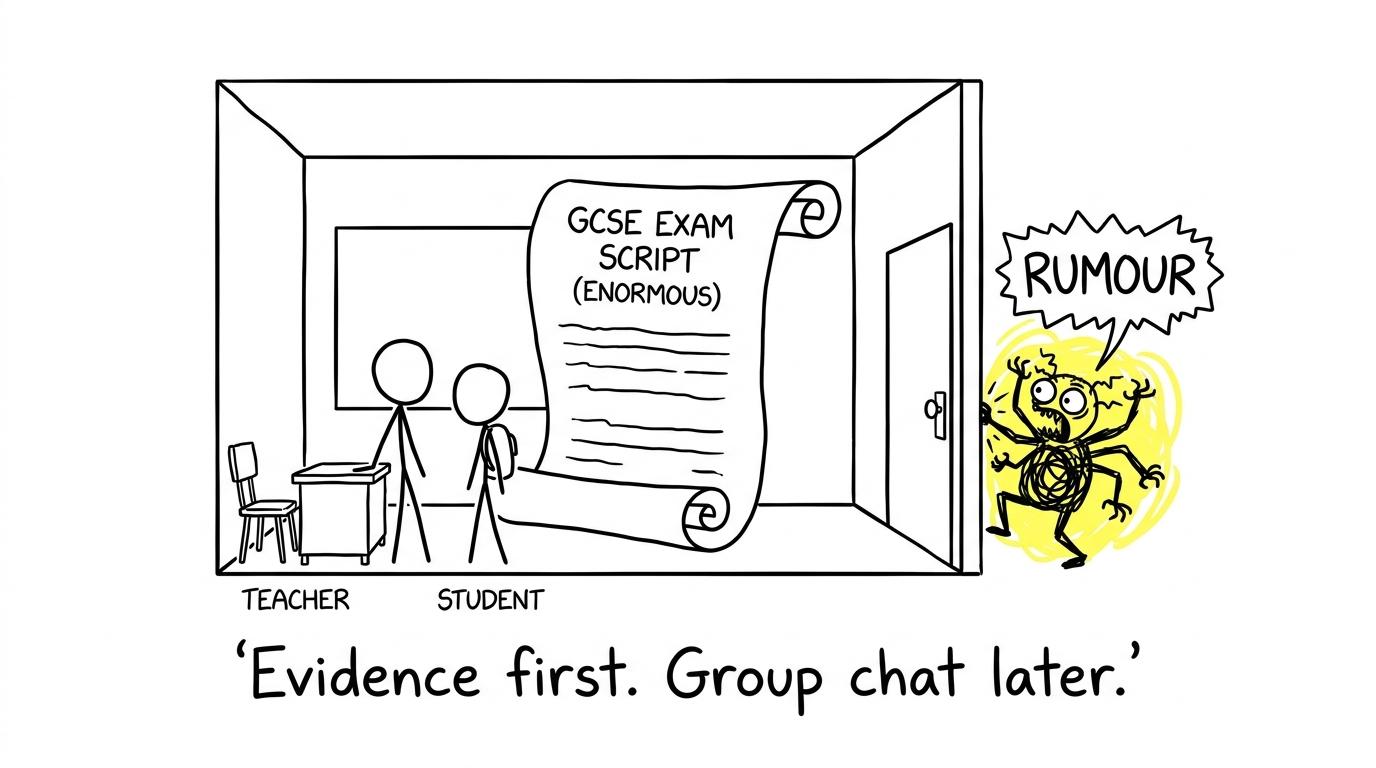 A student and teacher choosing evidence over results-day rumours