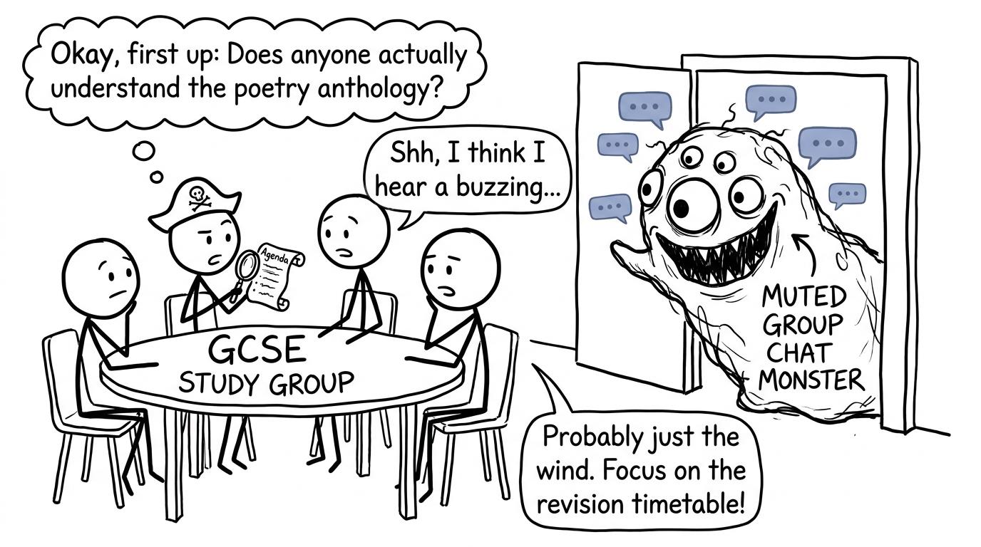 A focused study group ignores the group-chat monster