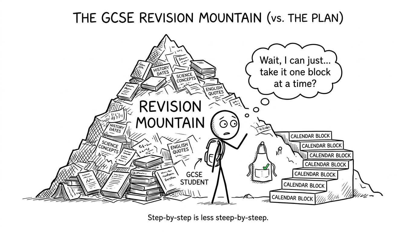A revision mountain becoming a manageable staircase of calendar blocks