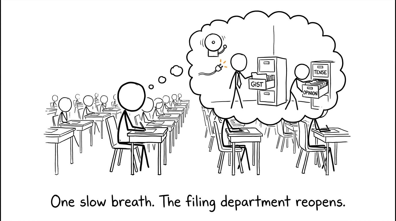 A calm mental filing department reopens after one slow breath