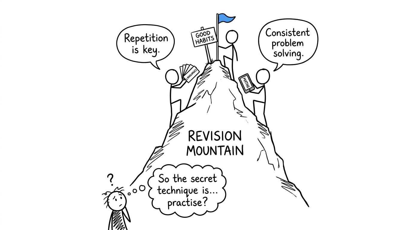 Two stick-figure students discover that good practice habits meet at the top of the same revision mountain