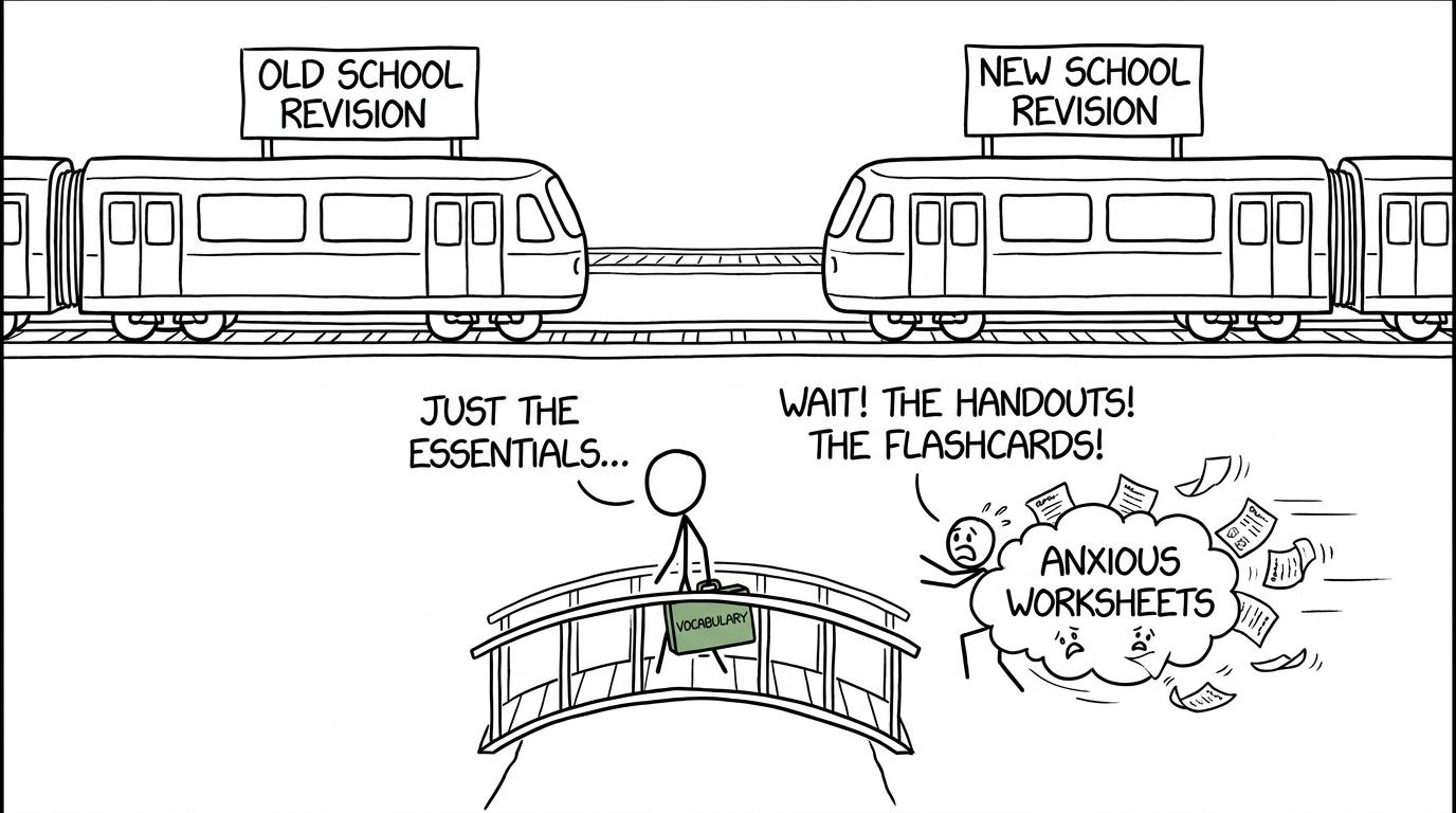 A student calmly carrying vocabulary between the old-school and new-school revision trains