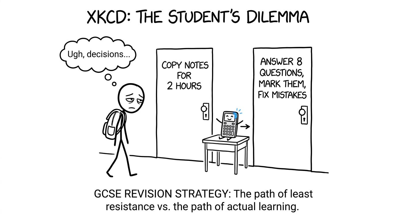 A student chooses between copying notes and focused marked questions