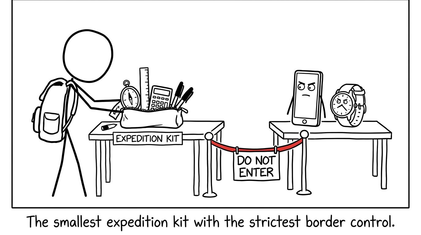 A student packing the tightly controlled expedition kit known as an exam pencil case