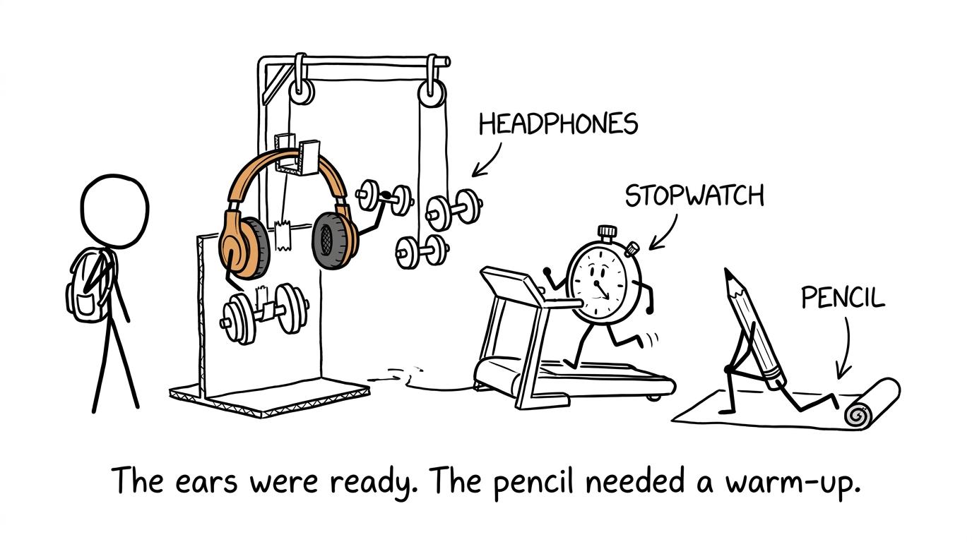 Headphones, stopwatch and pencil train in a listening gym