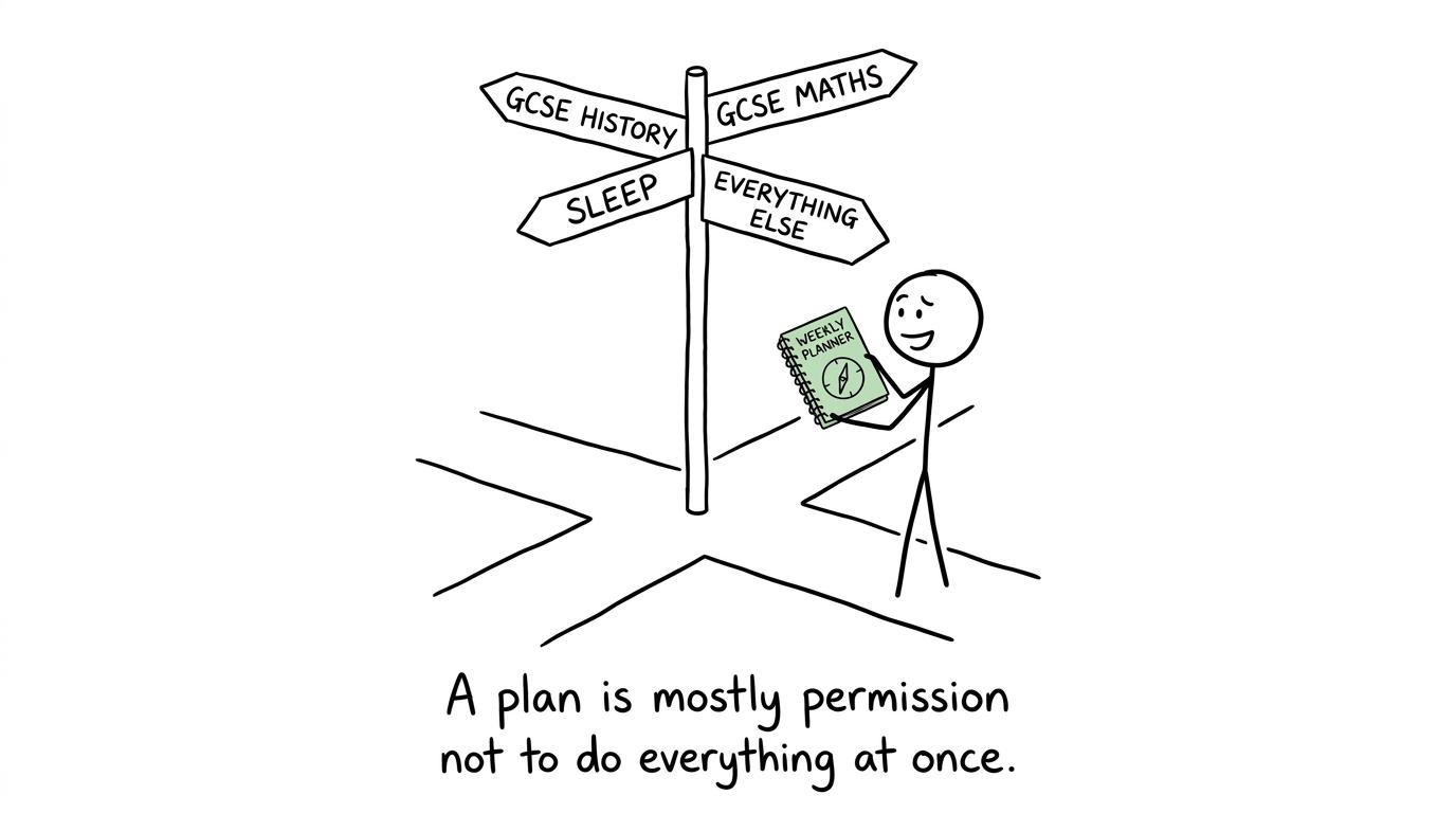A student uses a weekly planner as a compass between History, Maths, sleep and everything else