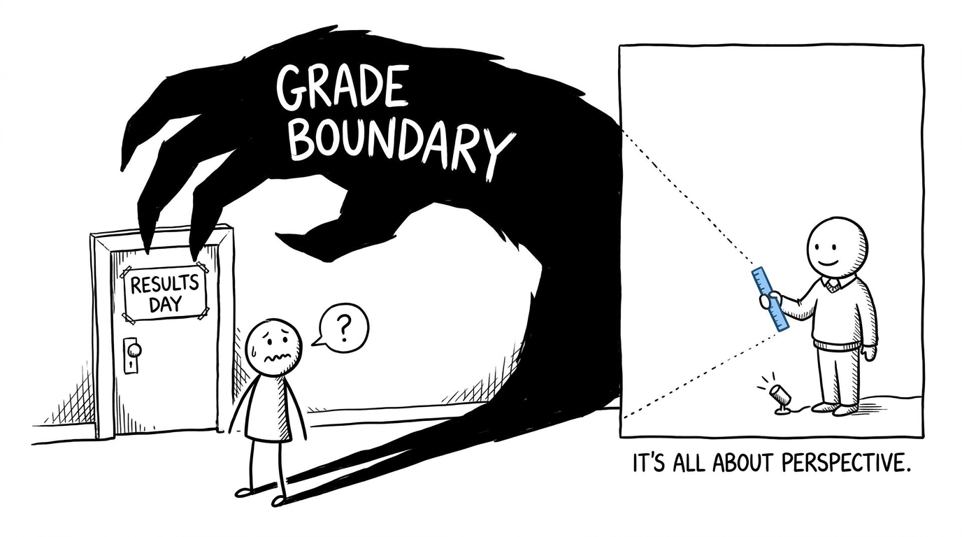 A nervous student discovers that the frightening grade-boundary shadow comes from a small ruler