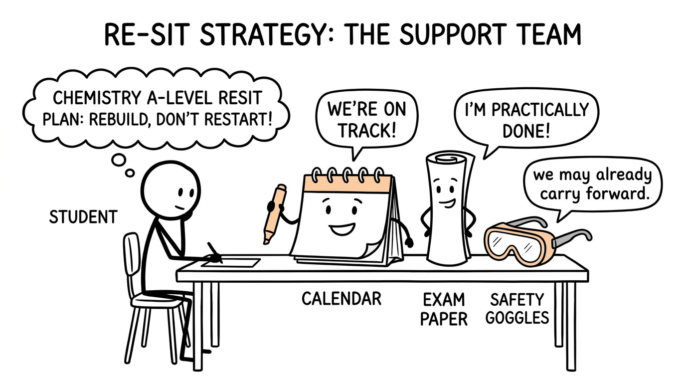 A student plans a chemistry resit with encouragement from a calendar and practical goggles