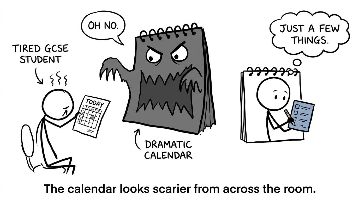 A student discovers that the frightening revision calendar is carrying a helpful checklist