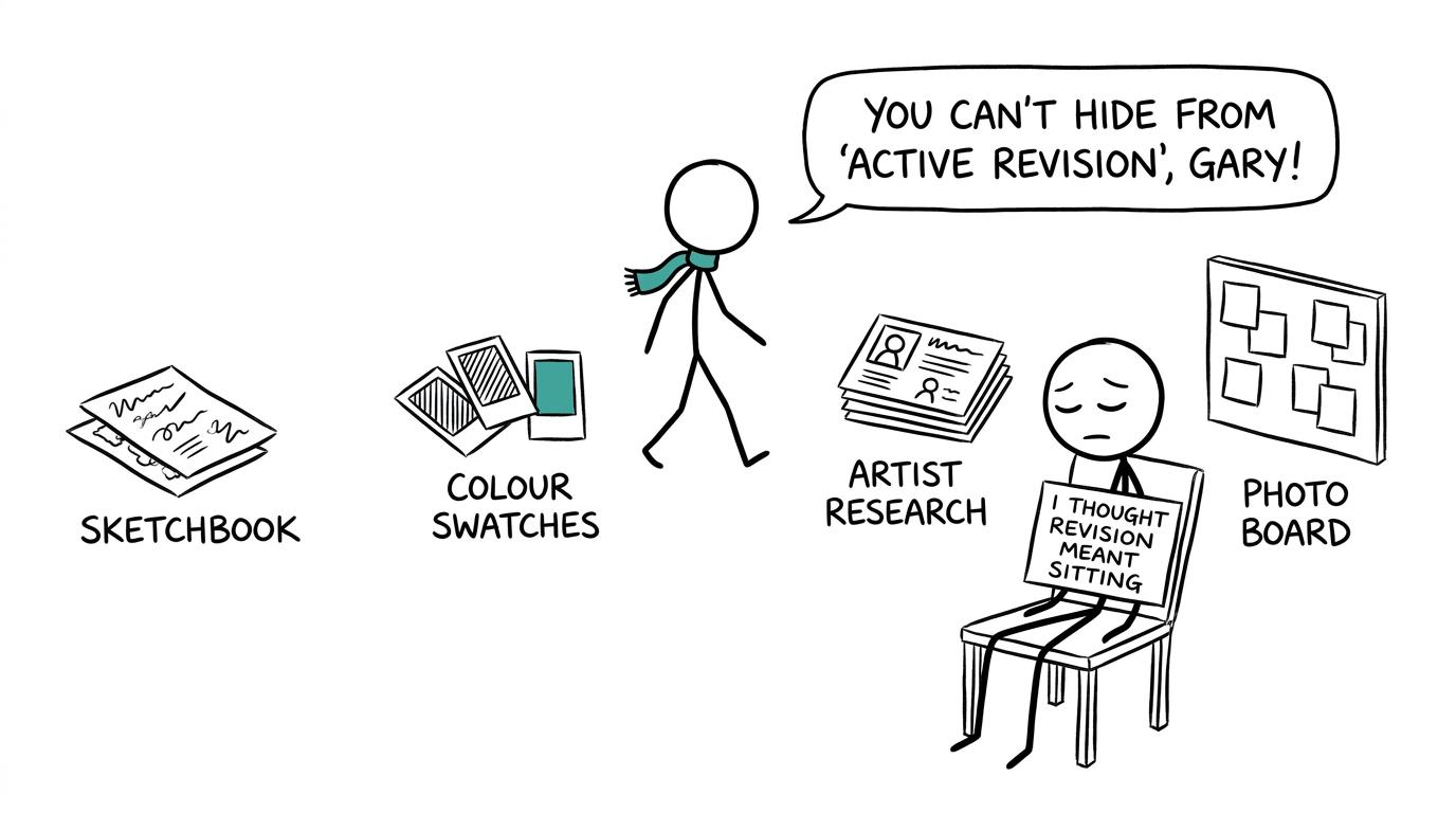 A restless student moves between four active art revision stations while an abandoned chair complains