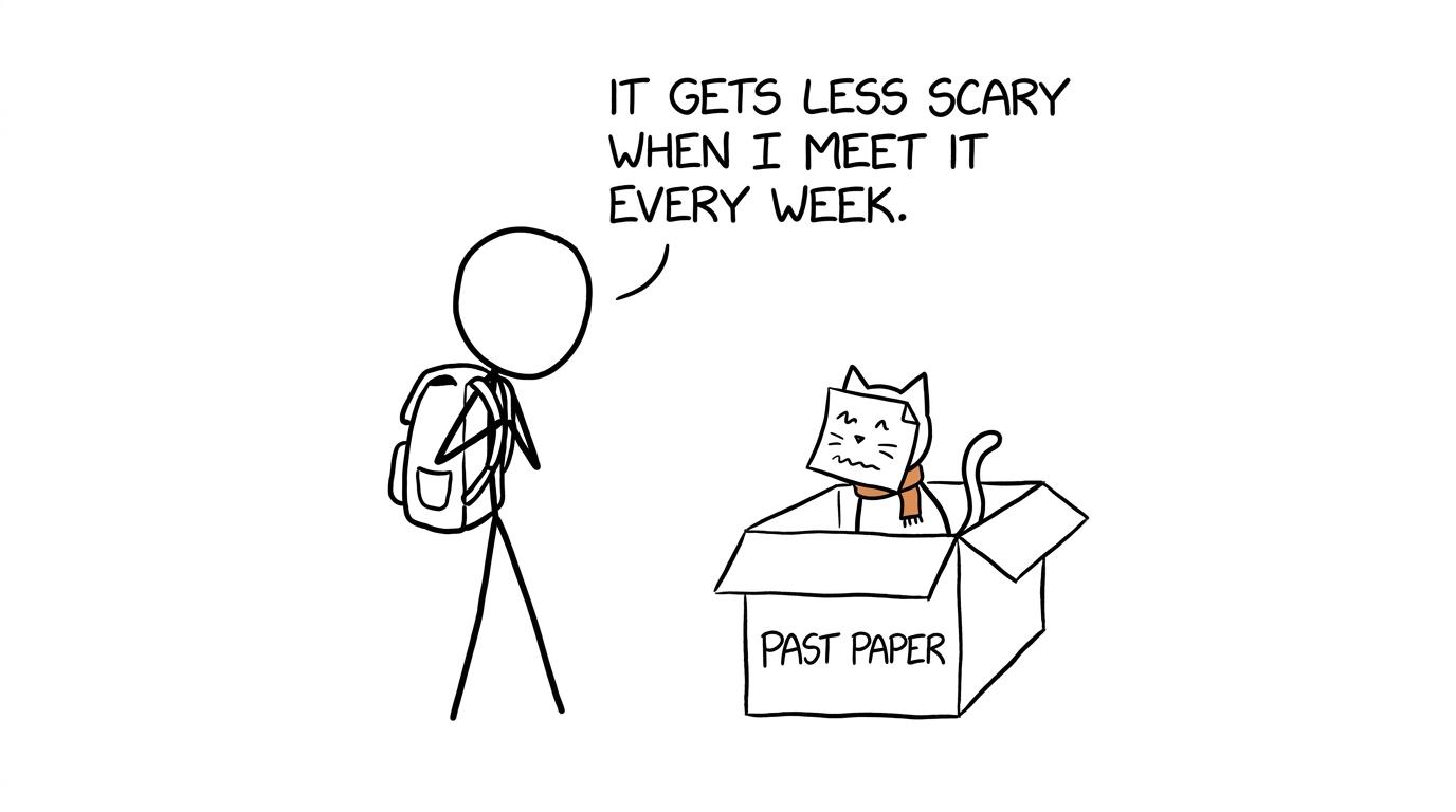 A student becomes less frightened of the exam-paper cat by meeting it weekly