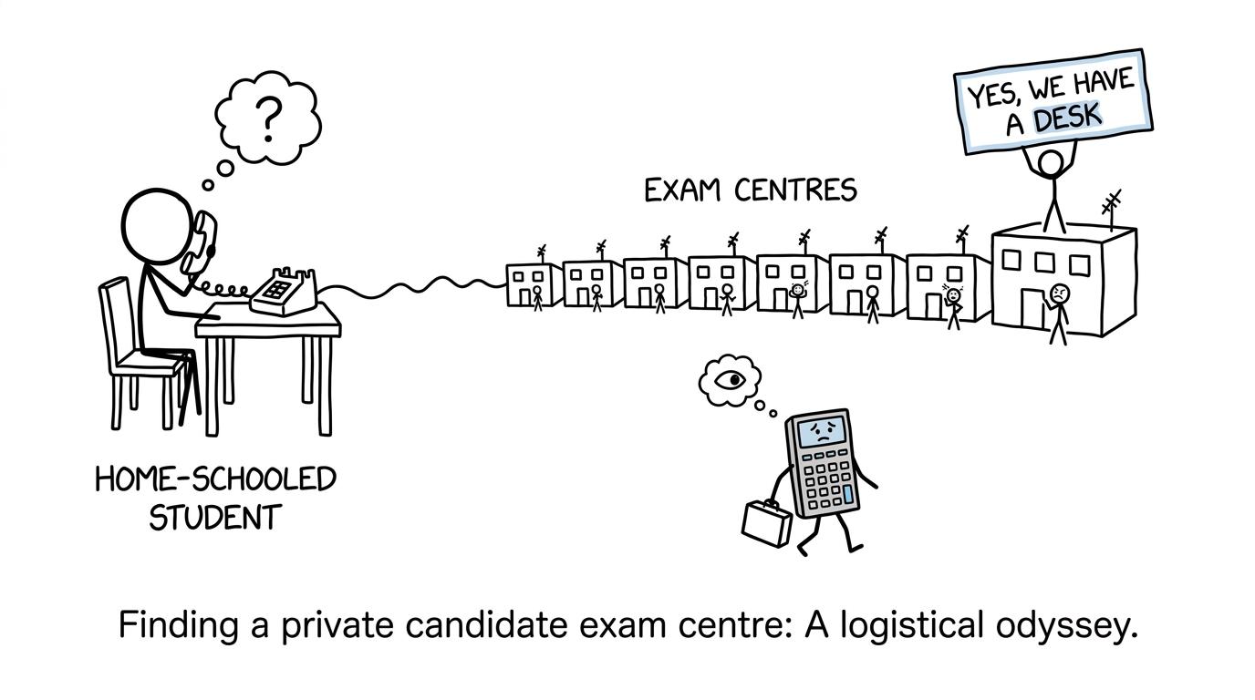 A student finally finds an exam centre with a desk for a private candidate
