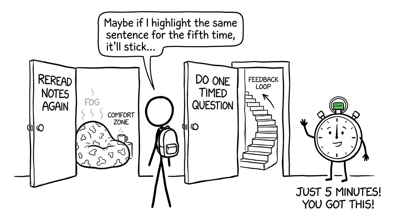 A student chooses between rereading notes and climbing the small staircase of timed practice and feedback