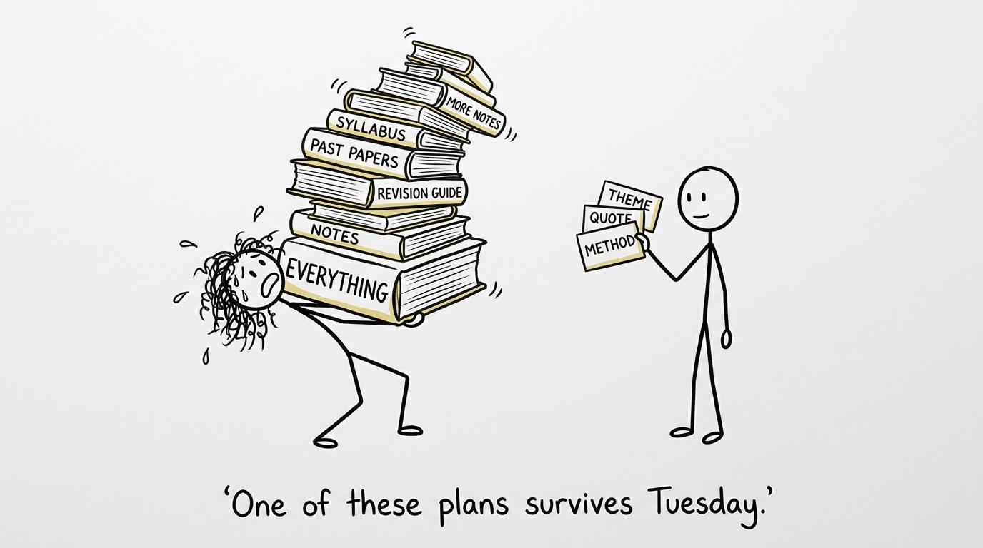 One student carrying everything while another carries three useful revision cards