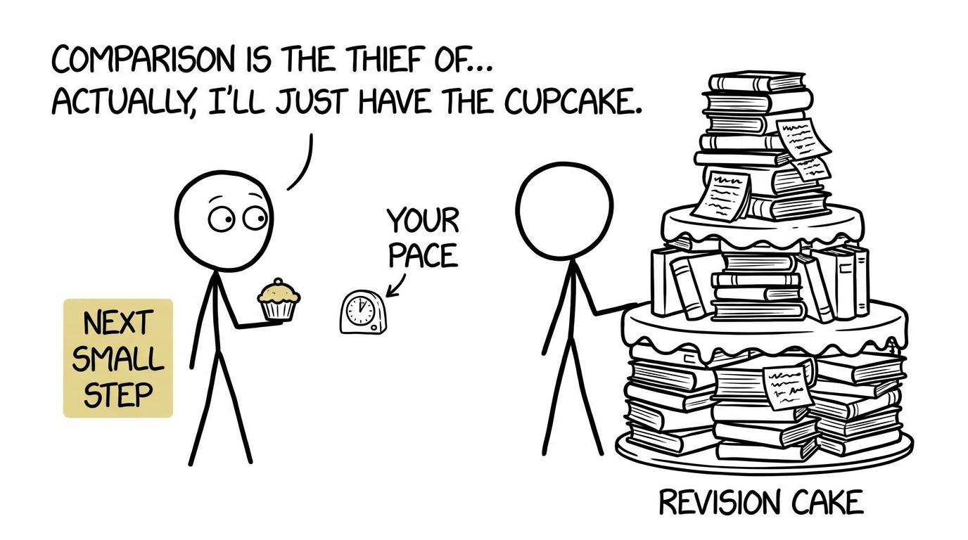 A student compares a sensible revision cupcake with a friend's towering revision cake