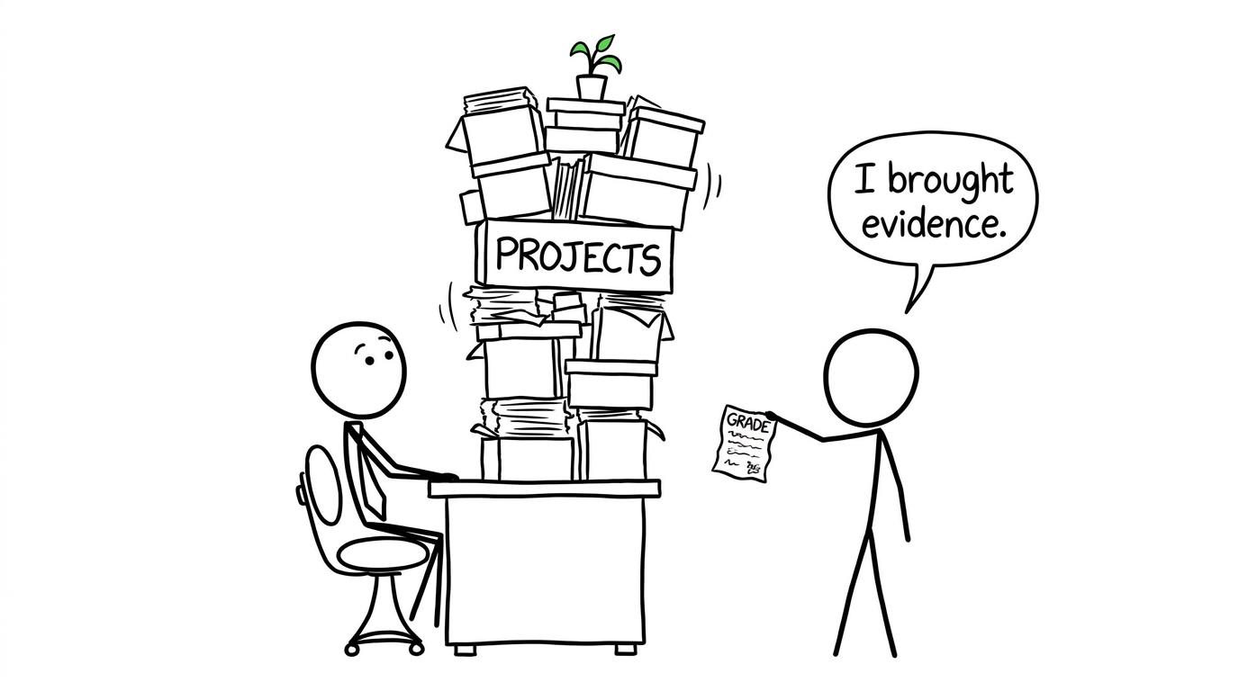 A student brings a tower of project evidence to an interview