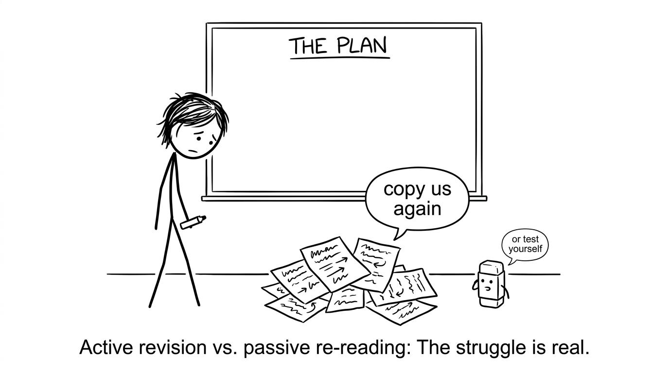 A student choosing between copying notes and testing their memory on a whiteboard