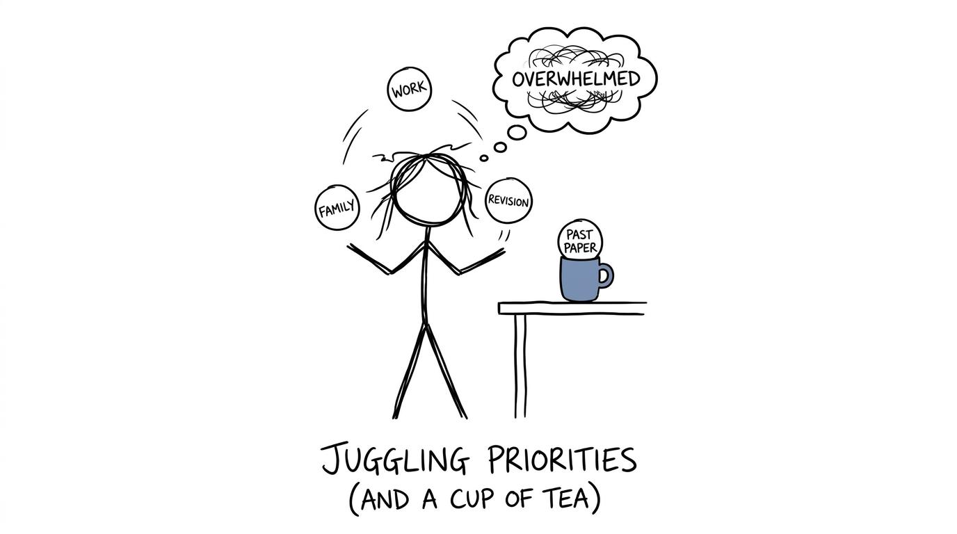 A busy adult discovers that a past paper is content to wait beside the tea