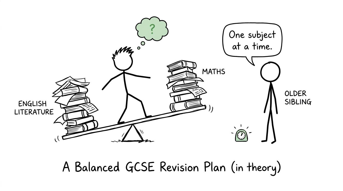 A student balances English Literature and maths revision while a sibling operates a timer
