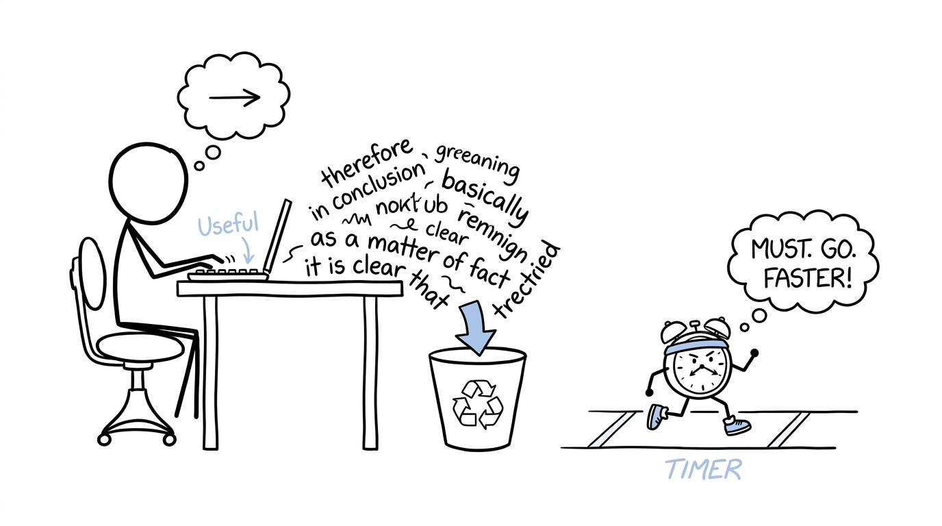A student calmly types while racing an energetic alarm clock