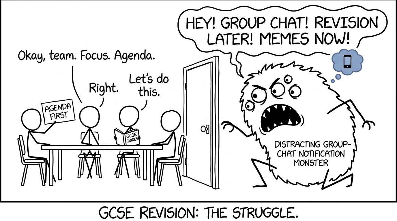 A study group keeps a distracting group-chat monster outside by using an agenda