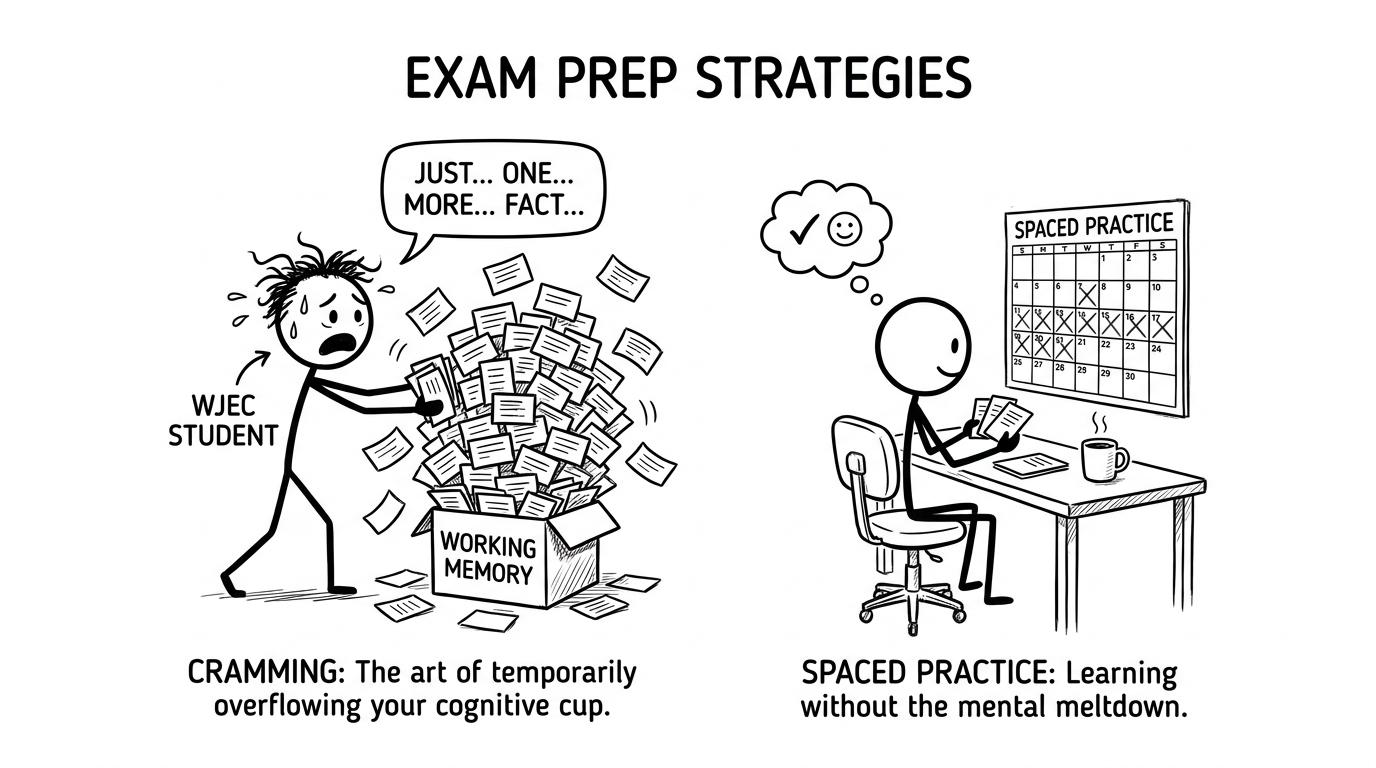 Flashcards crammed into “Working Memory” vs spaced practice calendar