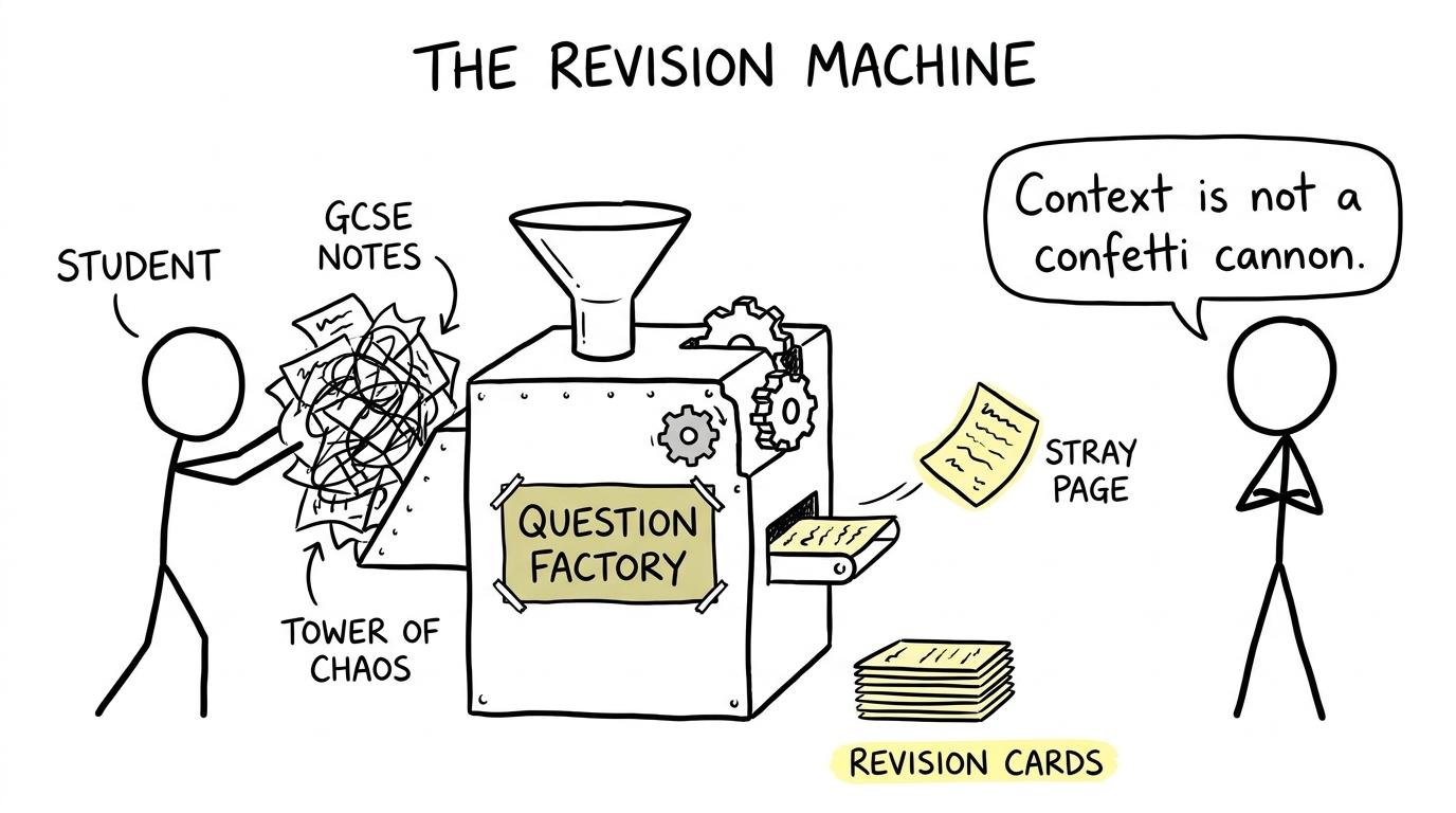 An untidy pile of notes passing through a humorous question factory