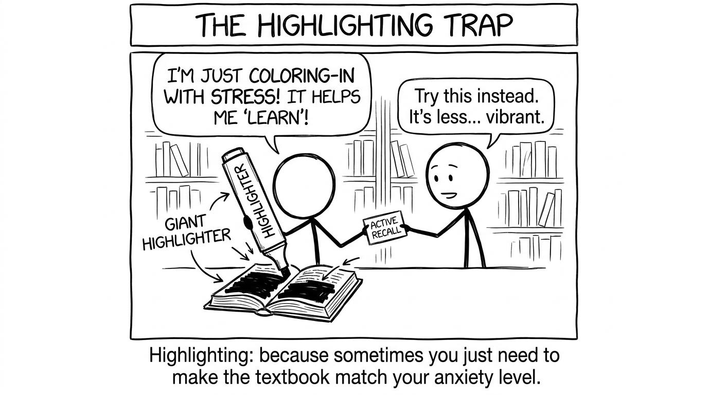 Two students, one highlighting everything, one using flashcards