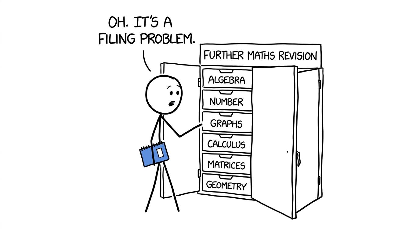 A student discovers that Further Maths is six manageable revision drawers rather than one monster