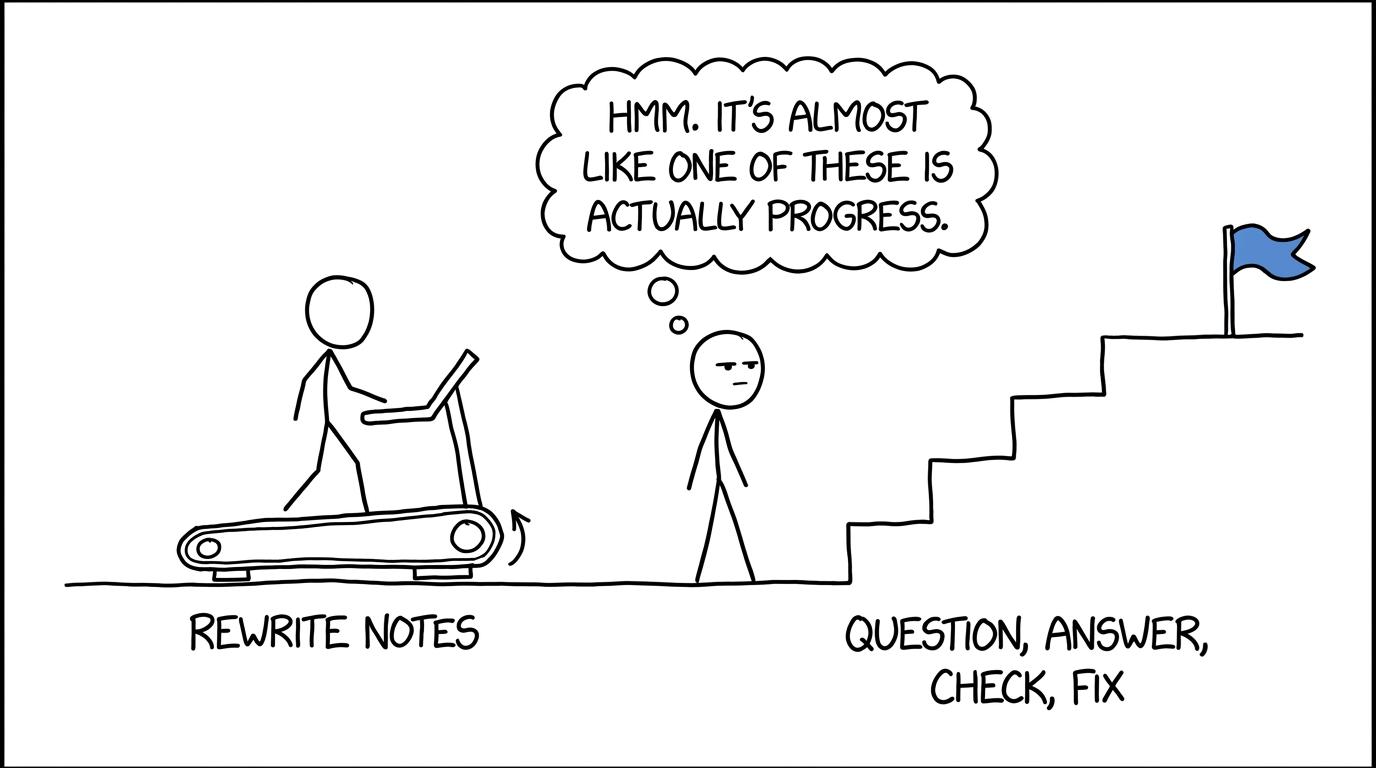A revision treadmill goes nowhere while a question, answer, check and fix staircase reaches a flag