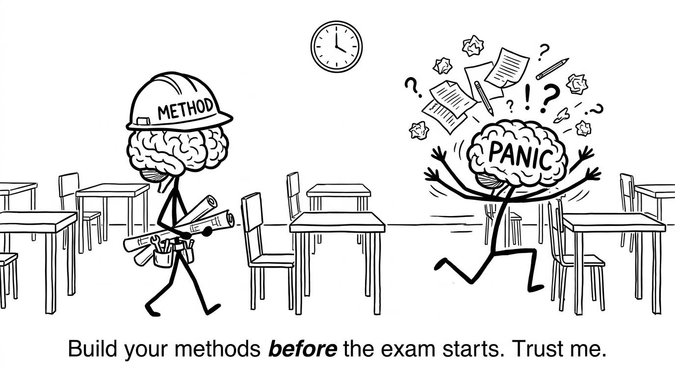 Two brains in an exam hall: “Method” calm, “Panic” chaotic