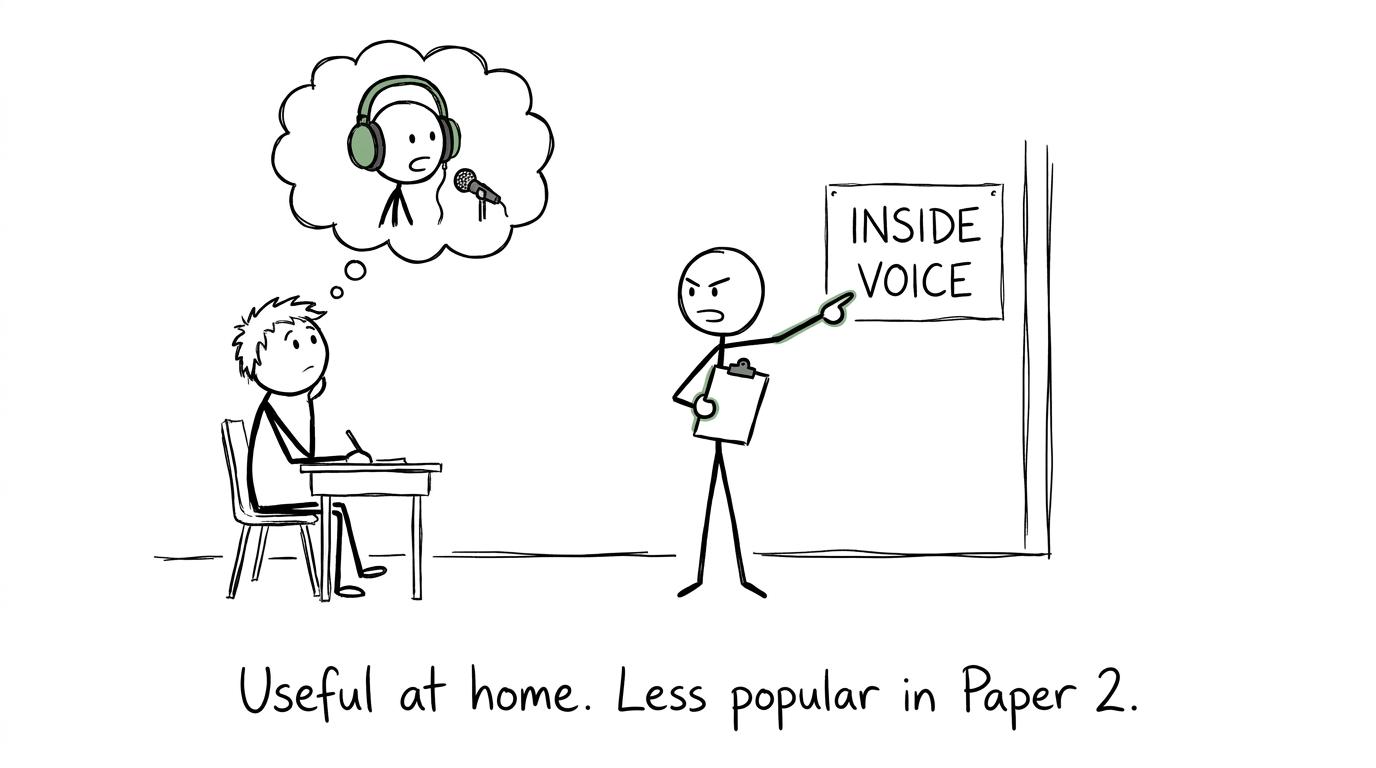 A student remembers that reading aloud belongs in revision rather than a silent exam hall