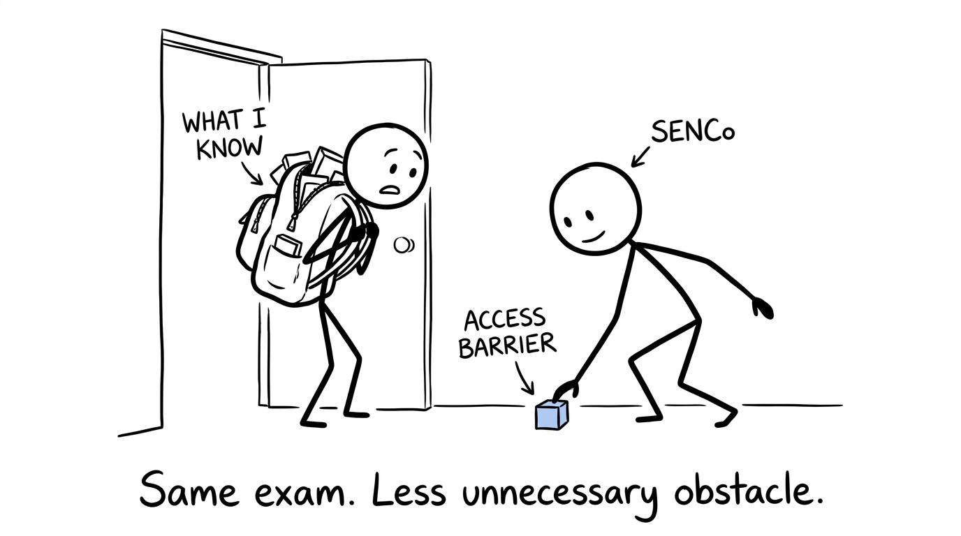 A student reaching the same exam through a doorway with an unnecessary barrier removed