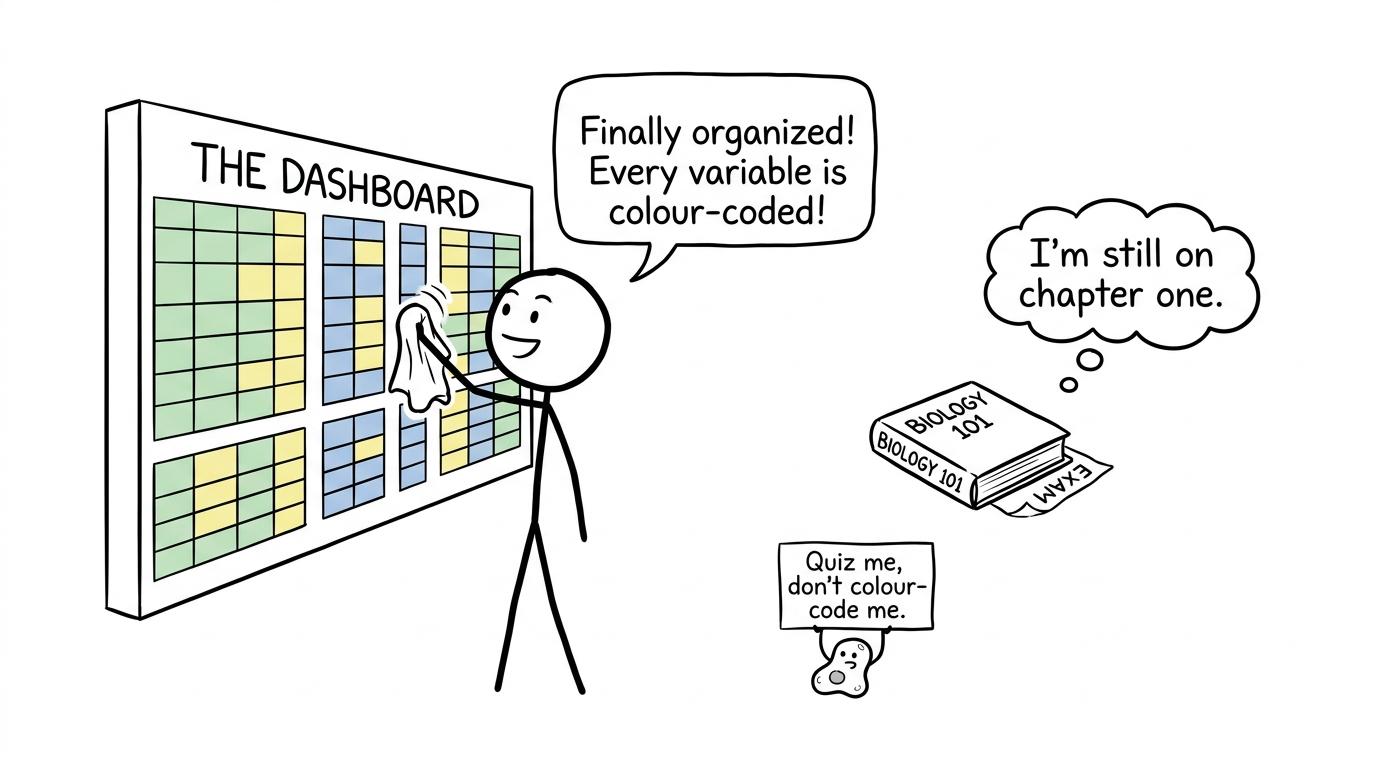 A student polishing a spreadsheet while a biology cell asks to be quizzed
