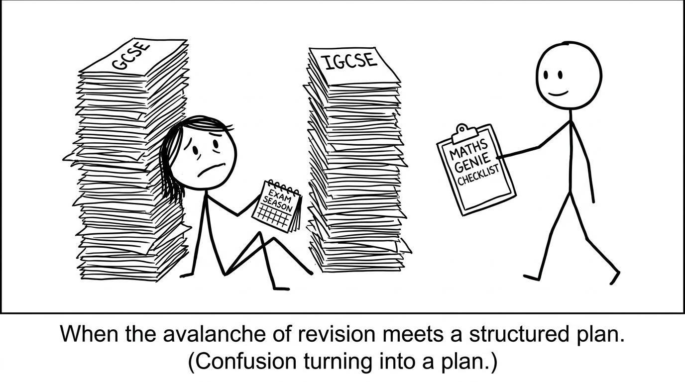 Student choosing between GCSE and IGCSE piles