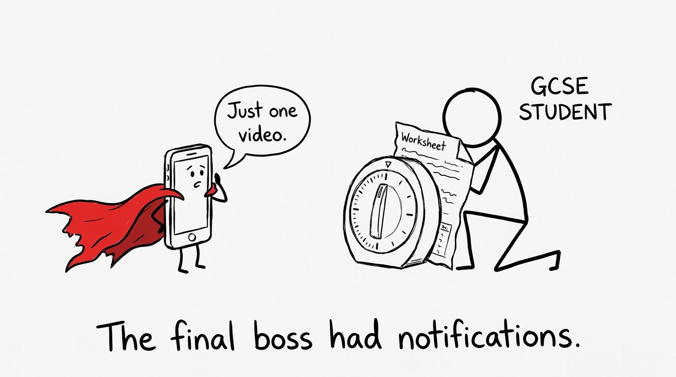 A student defends revision time from a villainous phone notification