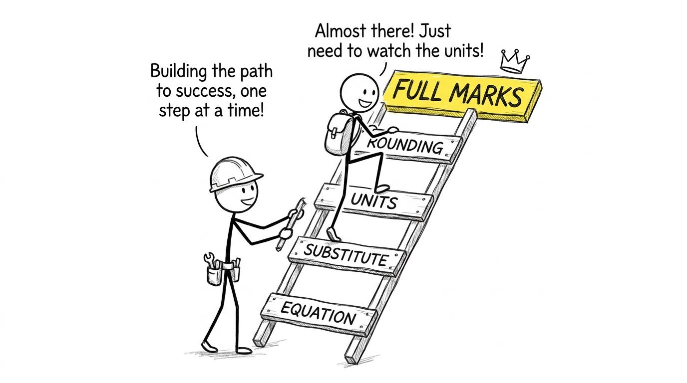 A stick figure climbs a 'method marks' ladder to full marks