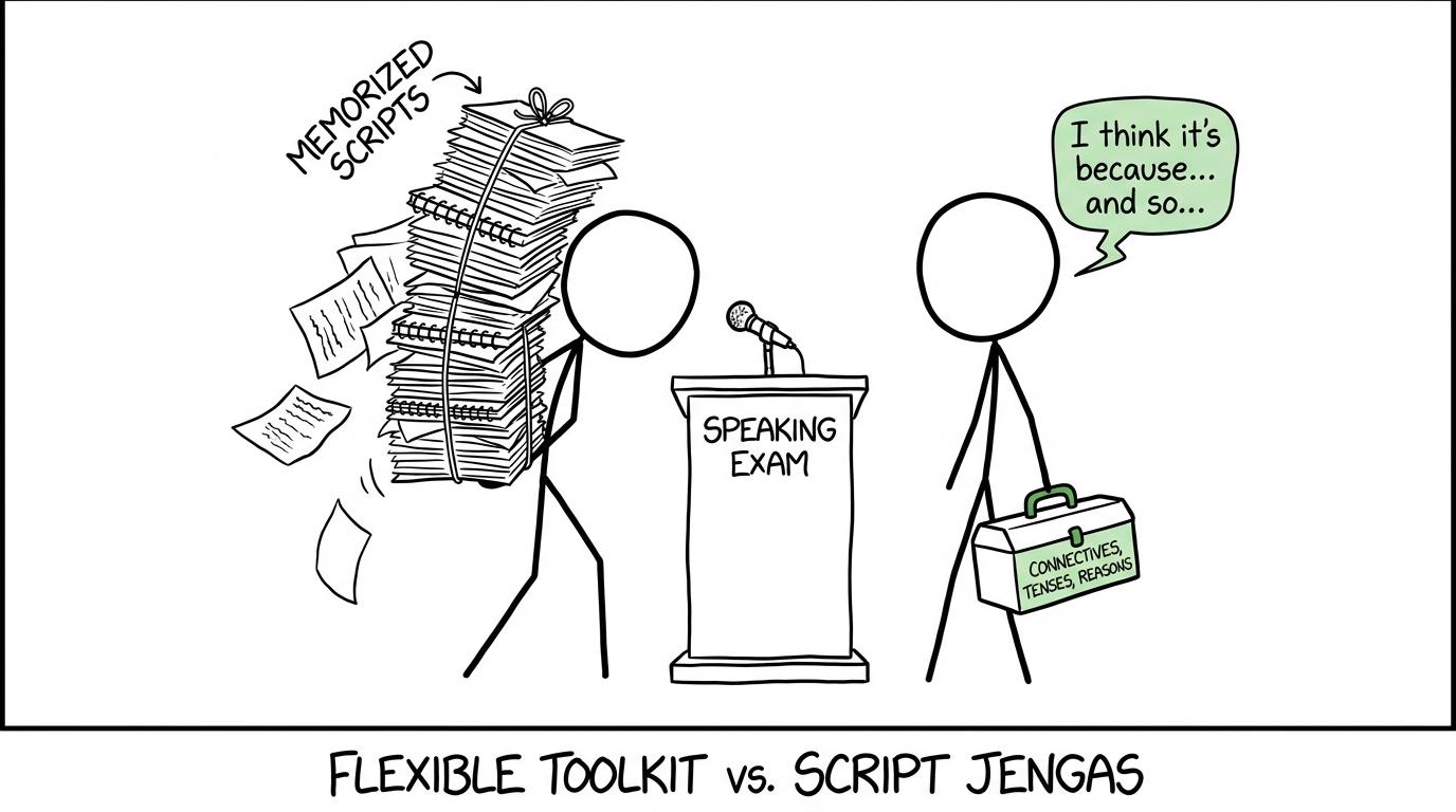 A flexible speaking toolkit proves more useful than a collapsing tower of memorised scripts