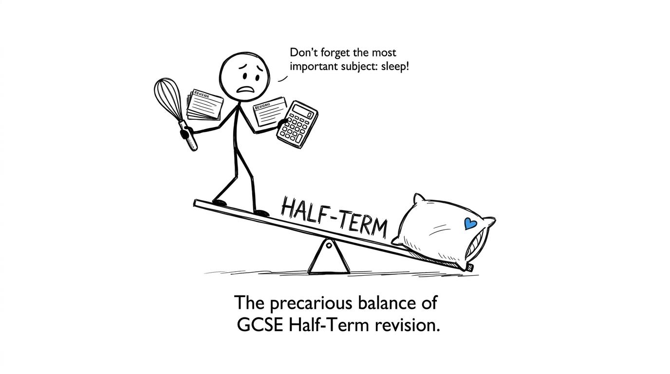 A student balances revision cards, a whisk, a calculator and some much-needed rest